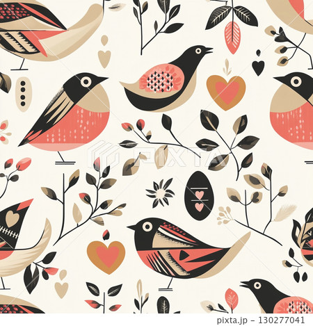Stylized illustration of birds, flowers, and hearts in pink, orange, black, and white, featuring geometric shapes and whimsical decorative patterns. 130277041