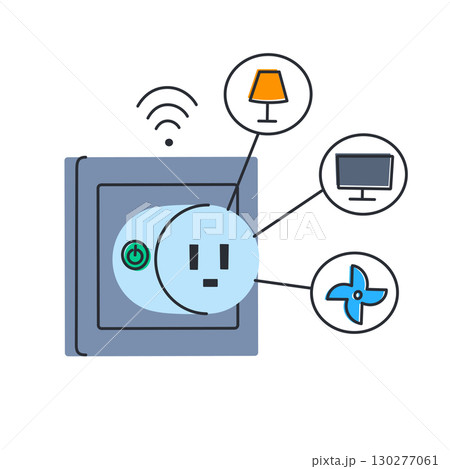 Flat cartoon vector illustration of smart socket with wifi control for smart home. Smart plug device for remote management of lighting, television, air conditioning, household automation icon Flat cartoon vector illustration of smart socket with wifi control for smart home. Smart plug device for remote management of lighting, television, air conditioning, household automation icon 130277061