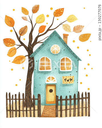 A charming watercolor painting of a small teal house. An autumnal tree with orange leaves towers over the cozy scene. 130277076