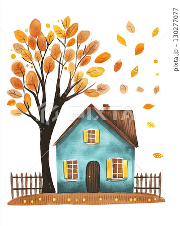 A charming watercolor painting of a small teal house. An autumnal tree with orange leaves towers over the cozy scene. 130277077