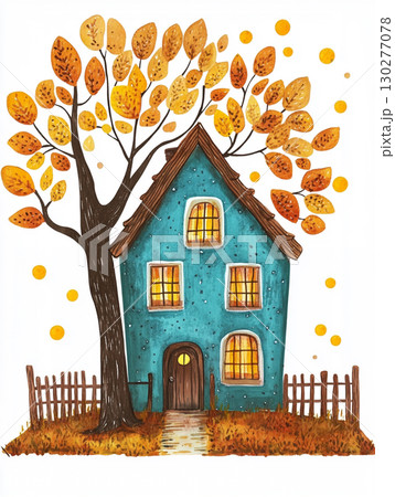 A charming watercolor painting of a small teal house. An autumnal tree with orange leaves towers over the cozy scene. 130277078