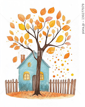 A charming watercolor painting of a small teal house. An autumnal tree with orange leaves towers over the cozy scene. A charming watercolor painting of a small teal house. An autumnal tree with orange leaves towers over the cozy scene. 130277079