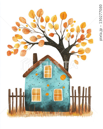 A charming watercolor painting of a small teal house. An autumnal tree with orange leaves towers over the cozy scene. A charming watercolor painting of a small teal house. An autumnal tree with orange leaves towers over the cozy scene. 130277080