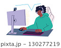 Flat cartoon vector illustration of black girl gamer with headphones streaming video game on computer. Desk with keyboard and mouse, young woman online gaming, entertainment, e sports 130277219