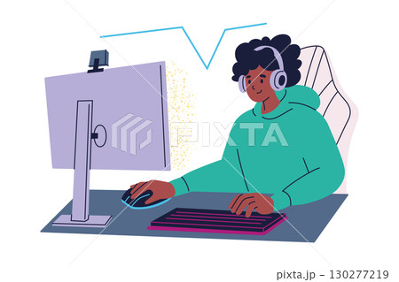 Flat cartoon vector illustration of black girl gamer with headphones streaming video game on computer. Desk with keyboard and mouse, young woman online gaming, entertainment, e sports 130277219