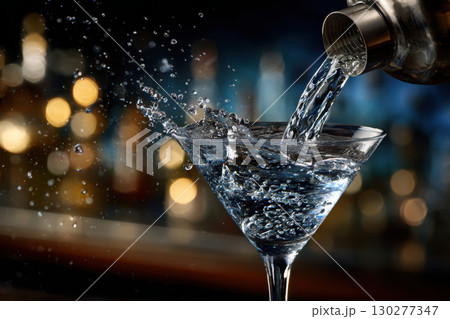Elegant cocktail shaker pouring martini into glass Elegant cocktail shaker pouring martini into glass 130277347