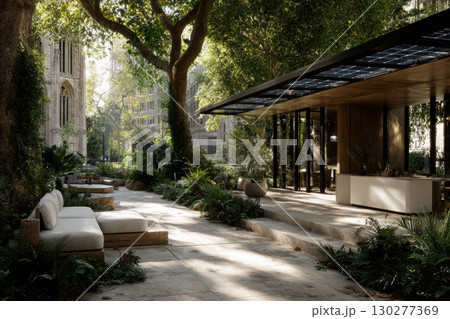 Solar-powered vehicle charging hub in a green urban oasis 130277369