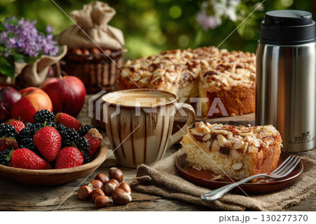 Rustic picnic with hazelnut cake and fresh fruits 130277370