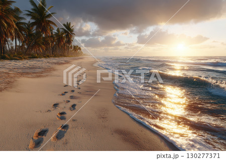 Sunset illumination on a peaceful tropical beach 130277371