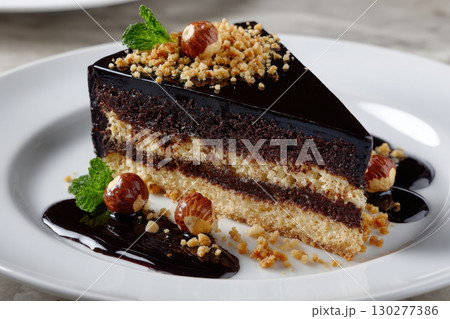 Delicious hazelnut cake slice with chocolate ganache topping 130277386