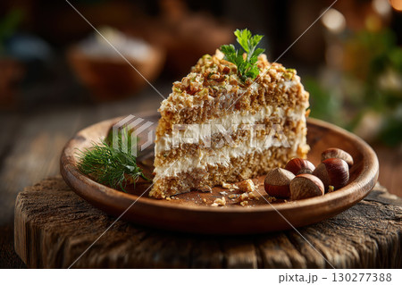 Delicious hazelnut cake slice on rustic wooden plate 130277388