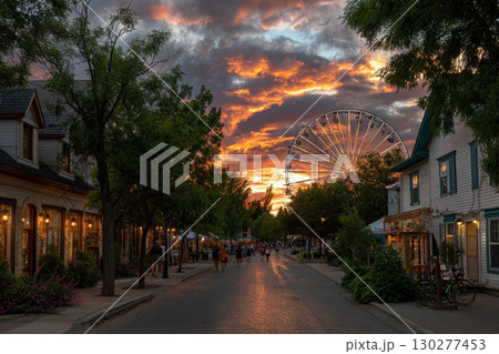 Vibrant summer carnival at twilight with glowing ferris wheel 130277453