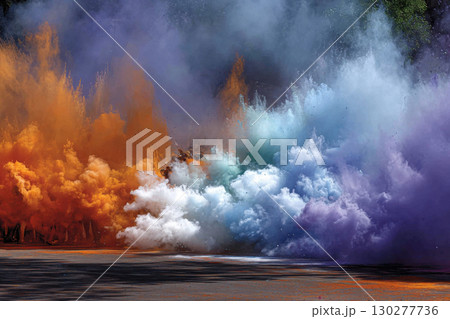 Colorful smoke clouds fill the air at a vibrant festival Colorful smoke clouds fill the air at a vibrant festival 130277736