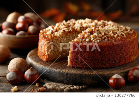 Sliced hazelnut cake revealing moist texture and nuts inside 130277766