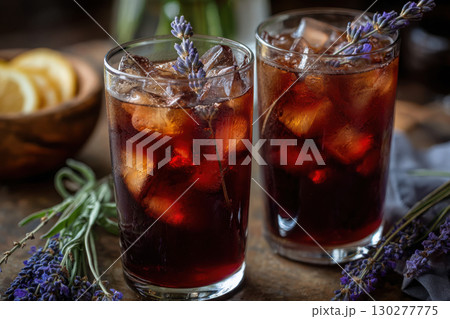 Refreshing hibiscus iced tea with lavender in artisan setting Refreshing hibiscus iced tea with lavender in artisan setting 130277775