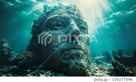 海に沈む古代遺跡の石像の顔のイメージ 海に沈む古代遺跡の石像の顔のイメージ 130277846