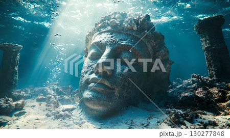 海に沈む古代遺跡の石像の顔のイメージ 海に沈む古代遺跡の石像の顔のイメージ 130277848