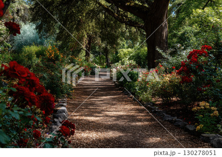 Blooming rose garden path invites peaceful strolls in sunlight Blooming rose garden path invites peaceful strolls in sunlight 130278051