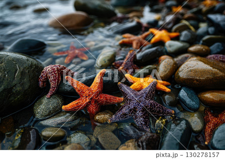 Colorful starfish clinging to tide pools on rocky shore 130278157