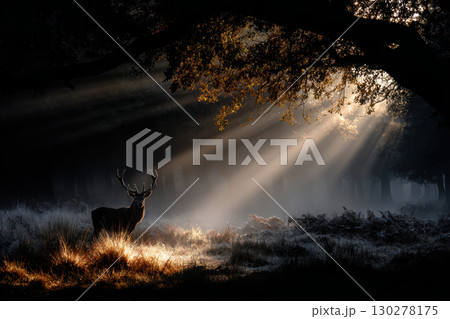 Lone deer stands in a sun-dappled forest clearing at dawn 130278175
