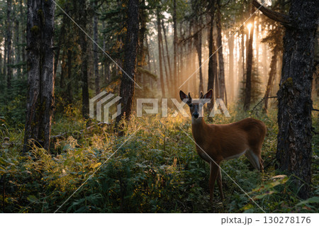 Lone deer in a tranquil dawn forest clearing 130278176