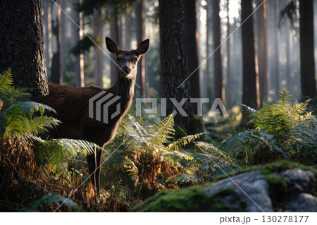Deer stands quietly in sun-dappled forest clearing at dawn 130278177