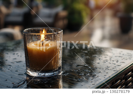 Dripping wax from a nearly burnt candle on a glass table 130278179