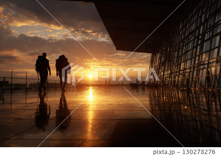 Friends with backpacks walking through an airport terminal 130278276