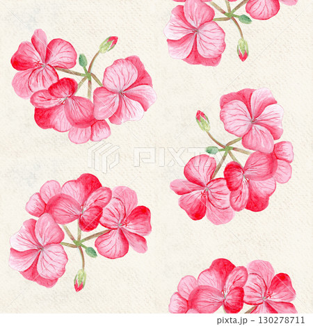 Red geranium flower seamless pattern on textured paper background. Hand-painted watercolor delicate petals. Perfect for wrapping paper, floral textile, wedding invitations, natural decor projects 130278711
