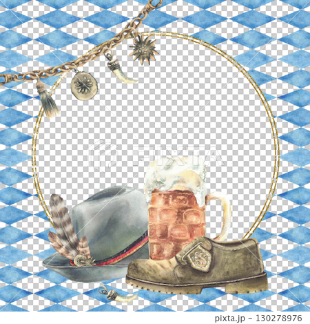 Mug of beer with Germany mens traditional hat, shoe and Charivari on Bavarian flags blue rhombuses background. Frame or template for Oktoberfest menu, card. Watercolor painted illustration isolated Mug of beer with Germany mens traditional hat, shoe and Charivari on Bavarian flags blue rhombuses background. Frame or template for Oktoberfest menu, card. Watercolor painted illustration isolated 130278976