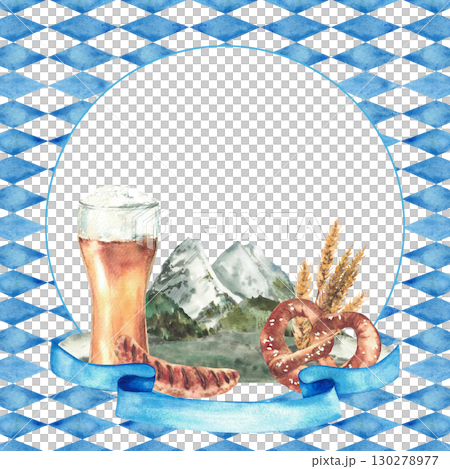 Glass of Beer with sausage and pretzel against of mountains with ribbon below on blue Bavarian flags rhombuses background. Landscape, food and drink at Oktoberfest Watercolor painted isolated frame Glass of Beer with sausage and pretzel against of mountains with ribbon below on blue Bavarian flags rhombuses background. Landscape, food and drink at Oktoberfest Watercolor painted isolated frame 130278977