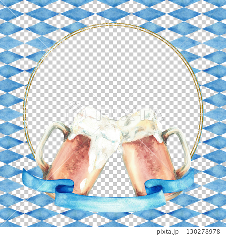 Toast of two beer mugs with ribbon below gold frame on blue Bavarian flags rhombuses background. Hand drawn watercolor Oktoberfest cheers beer glasses. Isolated illustration for card, menu template 130278978