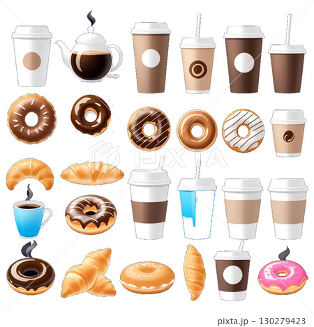 カフェのテーブルの上にあるコーヒーとコーヒーのイラストセット 130279423