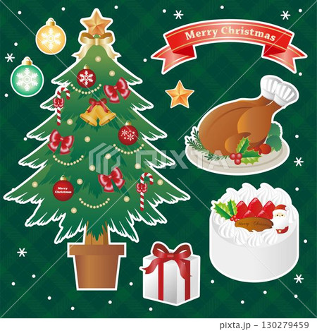 christmas　クリスマス　ローストチキン　クリスマスツリー　パーティー　料理　イラスト素材 130279459