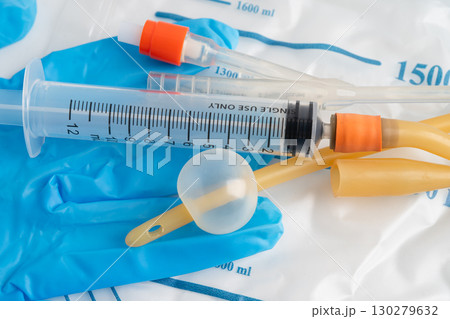 Foley catheter and urine drainage bag collect urine for disability or patient in hospital. 130279632
