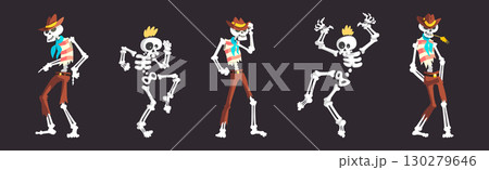 Funny Skeleton Character with Bone and Skull Vector Set Funny Skeleton Character with Bone and Skull Vector Set 130279646
