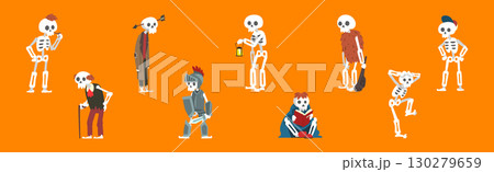 Funny Skeleton Character with Bone and Skull Vector Set 130279659