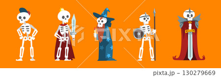 Funny Skeleton Character with Bone and Skull Vector Set Funny Skeleton Character with Bone and Skull Vector Set 130279669