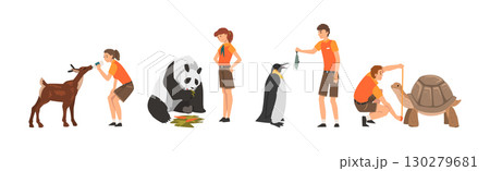 Man and Woman Zookeeper Engaged in Daily Care of Animal Vector Set Man and Woman Zookeeper Engaged in Daily Care of Animal Vector Set 130279681