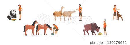 Man and Woman Zookeeper Engaged in Daily Care of Animal Vector Set 130279682