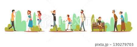 People Character Walk and Stroll in Park Vector Set 130279703