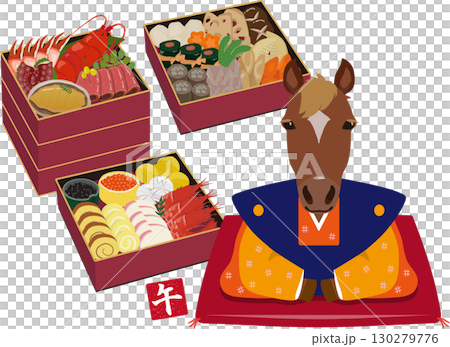 Horses and New Year's dishes 130279776