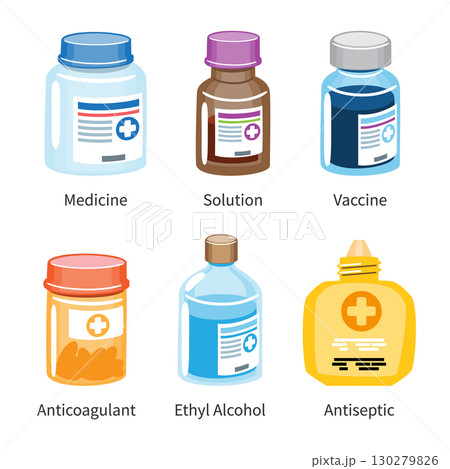 Set of medicine and pharmaceutical bottles cartoon illustration . Vector . Set of medicine and pharmaceutical bottles cartoon illustration . Vector . 130279826