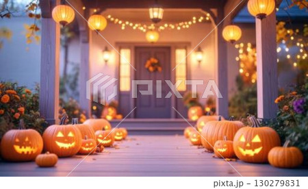 ハロウィンのジャック・オ・ランタンの装飾がされたエントランスの風景 130279831