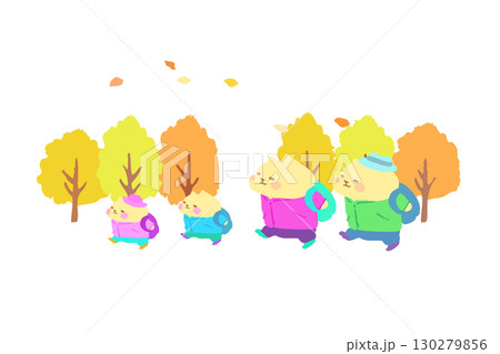 家族　秋のハイキングを楽しむかわいい猫　手描きイラスト素材 130279856