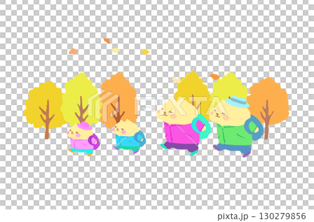 家族　秋のハイキングを楽しむかわいい猫　手描きイラスト素材 130279856