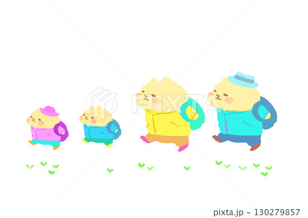 家族でハイキングを楽しむかわいい猫　手描きイラスト素材 130279857