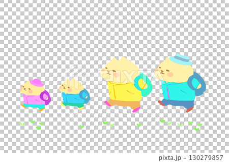 家族でハイキングを楽しむかわいい猫　手描きイラスト素材 130279857