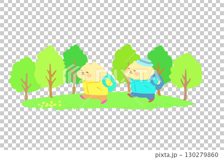 可愛的貓咪在清新的綠葉中享受健行 — — 手繪插圖 130279860