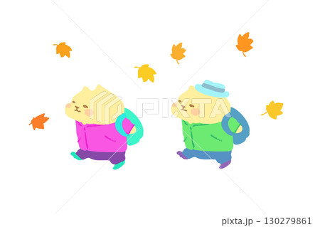 秋のハイキングを楽しむかわいい猫　手描きイラスト素材 130279861